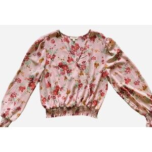 Ultra Flirt Juniors XL Pink Floral Blouse Smocked Hem Sheer Long Sleeve Top